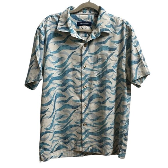 Tommy Bahama Other - Tommy Bahama Mens Silk Blend Button Up Shirt Blue Wave Print Sz L Island Zone